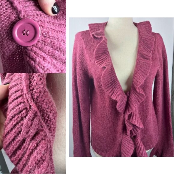 KIABI WOMAN Fuchsia Pink Purple Ruffle Wool Mohair Blend Cardigan Sweater Size L - Picture 6 of 15